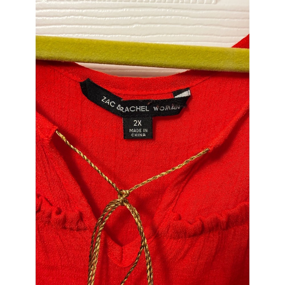 Zac & Rachel Woman Red Peasant Blouse Ruffle Sleeve Gold Tie 2X Boho Top - Picture 2 of 7